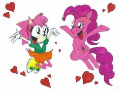 Size: 863x631 | Tagged: safe, artist:gojira007, pinkie pie, g4, amy rose, crossover, heart, sonic the hedgehog (series), traditional art