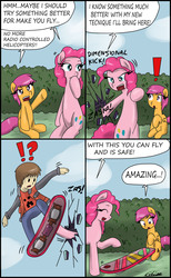 Size: 1891x3060 | Tagged: safe, artist:ciriliko, pinkie pie, scootaloo, g4, back to the future, comic, creeper, crossover, dimensional cracks, dimensional kick, fourth wall, hoverboard, marty mcfly, pinkie being pinkie, zas