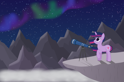 Size: 1024x683 | Tagged: safe, artist:joey, twilight sparkle, g4, aurora borealis, mountain, stars, telescope