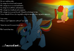 Size: 1591x1100 | Tagged: safe, artist:xd-385, fluttershy, rainbow dash, human, pegasus, fanfic:the lost element, g4, crying, dock, fanfic, floppy ears, looking back, romance, sad, sun, sunset, text