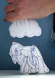 Size: 1143x1602 | Tagged: safe, artist:kattomierz, oc, oc only, pegasus, pony, cloud, paper child, papercraft, rain, traditional art, wet, wet mane