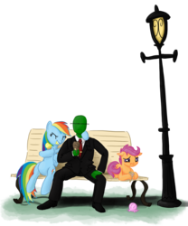 Size: 1280x1539 | Tagged: safe, artist:king-kakapo, rainbow dash, scootaloo, oc, oc:anon, human, g4, /mlp/, bench, clothes, drawfag, eyes closed, ice cream, lamppost, necktie, simple background, sitting, smiling, transparent background