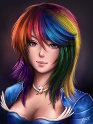 Size: 1200x1600 | Tagged: safe, artist:indiron, rainbow dash, human, g4, breasts, bust, cleavage, female, humanized, jewelry, looking at you, necklace, portrait, solo