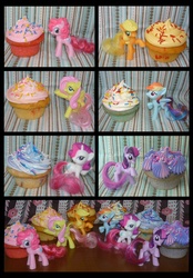 Size: 900x1290 | Tagged: safe, artist:immortaltanuki, applejack, fluttershy, pinkie pie, rainbow dash, rarity, twilight sparkle, g4, cupcake, customized toy, food, food art, irl, photo