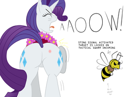 Size: 2016x1576 | Tagged: safe, artist:bsting, rarity, bee, hornet, pony, unicorn, wasp, g4, bee fetish, bee sting, butt, cutie mark, eyes closed, female, flower, horn, literal butthurt, mare, open mouth, pain, plot, rearity, reddened butt, stinger