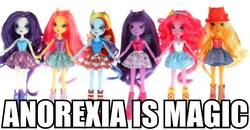 Size: 640x332 | Tagged: safe, applejack, fluttershy, pinkie pie, rainbow dash, rarity, twilight sparkle, equestria girls, g4, anorexic, doll, doll drama, eating disorder, equestria girls drama, equestria girls prototype, image macro, slender, thin