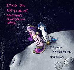 Size: 1000x948 | Tagged: safe, artist:aeritus, princess cadance, shining armor, g4, 30 minute art challenge, honey, honeymoon, literal, moon, pun, space, trollestia, visual pun