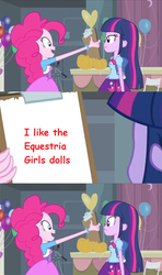 Size: 413x700 | Tagged: safe, edit, edited screencap, screencap, pinkie pie, twilight sparkle, equestria girls, g4, my little pony equestria girls, clipboard, comic sans, duo, equestria girls drama, existential crisis, in-universe pegasister, pinkie's clipboard, reaction to own portrayal, shaped like itself