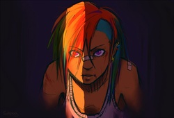 Size: 1000x678 | Tagged: safe, artist:schpog, rainbow dash, human, g4, bandage, bleeding, clothes, dark background, door, female, humanized, looking at you, solo, tank top