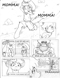 Size: 1155x1500 | Tagged: safe, artist:dj-black-n-white, applejack, oc, oc:anon, oc:cinnamon cider, hybrid, satyr, g4, comic, cute, frown, mother, mother and daughter, offspring, open mouth, parent:applejack, raised hoof, running, sad, wide eyes, worried