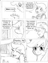 Size: 1139x1500 | Tagged: safe, artist:dj-black-n-white, applejack, oc, oc:anon, oc:cinnamon cider, earth pony, human, hybrid, pony, satyr, g4, comic, crying, cute, dialogue, eyes closed, female, hug, human male, male, mare, monochrome, neckerchief, offspring, open mouth, parent:applejack, smiling, speech bubble, sweet apple acres, traditional art