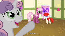 Size: 854x481 | Tagged: safe, screencap, cheerilee, sweetie belle, twist, g4, hearts and hooves day (episode), hearts and hooves day, meme, pin the heart on the pony, ponyville schoolhouse, youtube caption