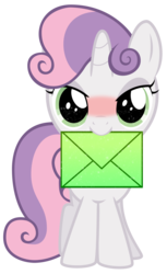 Size: 1600x2617 | Tagged: safe, artist:purezparity, sweetie belle, pony, unicorn, g4, blushing, crush, female, filly, letter, love letter, mouth hold, simple background, solo, transparent background, vector