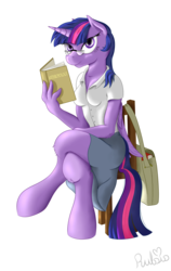 Size: 1600x2535 | Tagged: safe, artist:rulsis, twilight sparkle, anthro, g4, book, clothes, female, glasses, skirt, solo, twilight sparkle (alicorn)