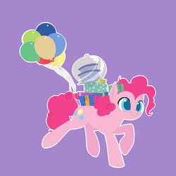 Size: 1800x1800 | Tagged: safe, artist:valcron, pinkie pie, earth pony, pony, g4, balloon, cake, carrying, cutie mark, female, hooves, lineless, mare, party, present, smiling, solo