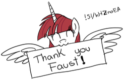 Size: 800x518 | Tagged: artist needed, safe, oc, oc only, oc:fausticorn, alicorn, pony, :3, cute, flying, happy, lauren faust, mouth hold, sign, solo, spread wings, thank you, wings