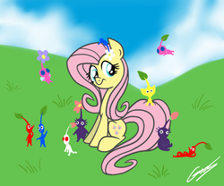Size: 1200x1000 | Tagged: safe, artist:gearholder, fluttershy, pikmin, pony, g4, blue pikmin, crossover, female, field, mare, nintendo, pikmin (series), pikmin 2, pikmin 3, purple pikmin, red pikmin, video game, white pikmin, winged pikmin, yellow pikmin