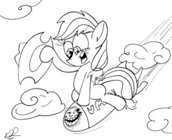 Size: 988x808 | Tagged: safe, artist:daniel-sg, applejack, earth pony, pony, g4, cloud, cloudy, dr. strangelove, female, hat, imminent death, lineart, monochrome, riding, riding a bomb, rocket, solo, trollface