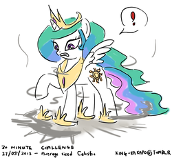 Size: 1280x1171 | Tagged: safe, artist:king-kakapo, princess celestia, alicorn, pony, g4, 30 minute art challenge, exclamation point, female, loose fitting clothes, shrunk, shrunklestia, solo