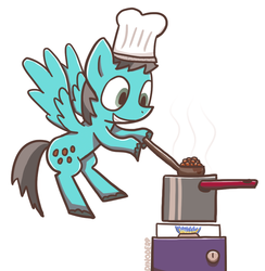 Size: 834x856 | Tagged: safe, artist:dinoderp, oc, oc only, pegasus, pony, beans, chef's hat, cooking, hat, pot, solo