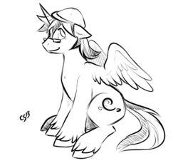 Size: 937x883 | Tagged: safe, artist:chocoscotch, artist:kure, oc, oc only, oc:swiftwind, alicorn, pony, alicorn oc, glasses, hat, male, monochrome, sketch, solo, stallion