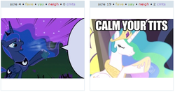 Size: 525x278 | Tagged: safe, princess celestia, princess luna, g4, exploitable meme, juxtaposition, juxtaposition win, speech bubble