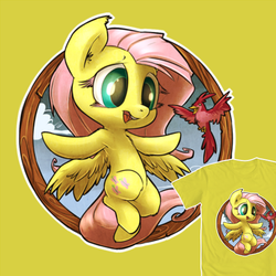 Size: 500x500 | Tagged: safe, artist:atryl, fluttershy, g4, chibi, colored eyelashes, flying, simple background, spread hooves, spread wings, wings, yellow background