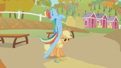 Size: 1280x720 | Tagged: safe, screencap, applejack, rainbow dash, earth pony, pegasus, pony, fall weather friends, g4, season 1, elastic, fence, great moments in animation, horseshoes, long, long legs, ponies are stretchy, rubber, smear frame, stretchy, wat