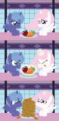 Size: 3201x6588 | Tagged: safe, artist:t-3000, princess celestia, princess luna, g4, apple, carrot, cewestia, comic, cookie, filly, magic, orange, pink-mane celestia, s1 luna, woona