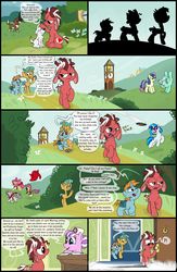 Size: 1625x2500 | Tagged: safe, artist:smudge proof, apple bloom, bon bon, dj pon-3, lyra heartstrings, nurse sweetheart, scootaloo, snails, snips, sweetie belle, sweetie drops, vinyl scratch, winona, oc, dog, comic:heads and tails, g4, bon bon is not amused, bull running, comic, cutie mark crusaders, toreador