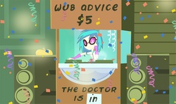 Size: 900x533 | Tagged: safe, artist:pixelkitties, edit, edited screencap, screencap, dj pon-3, vinyl scratch, equestria girls, g4, my little pony equestria girls, booth, confetti, lucy's advice booth, parody, peanuts, speaker, wub