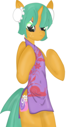 Size: 468x900 | Tagged: safe, artist:rayodragon, snails, unicorn, semi-anthro, g4, alternate hairstyle, chinese, clothes, colt, crossdressing, dress, eyeliner, foal, glitter shell, hair bun, makeup, male, solo, trap