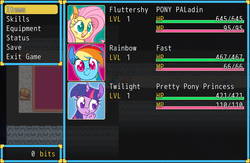 Size: 640x416 | Tagged: safe, artist:ponett, fluttershy, rainbow dash, twilight sparkle, super lesbian horse rpg, g4, game