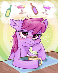 Size: 913x1145 | Tagged: safe, artist:graystripe64, berry punch, berryshine, earth pony, pony, g4, blushing, coffee, drunk, female, go home you're drunk, hangover, mare, messy mane, solo