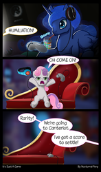 Size: 1667x2844 | Tagged: safe, artist:i-am-knot, princess luna, sweetie belle, gamer luna, g4, comic, controller, couch, drink, headphones, oh come on