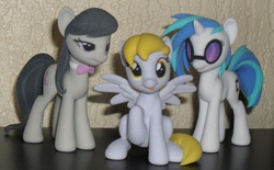 Size: 2849x1769 | Tagged: safe, artist:hashbro, derpy hooves, dj pon-3, octavia melody, vinyl scratch, pegasus, pony, g4, 3d print, customized toy, female, irl, mare, photo, shapeways, tongue out, trio
