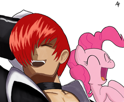 Size: 6064x4984 | Tagged: safe, artist:aecron1, pinkie pie, earth pony, human, pony, g4, absurd resolution, crossover, happy, iori yagami, king of fighters, laughing, smiling, snk