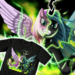 Size: 1000x1000 | Tagged: safe, artist:tails1000, princess cadance, queen chrysalis, g4, bust, clothes, shirt, spread wings, transformation, wings