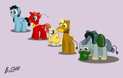 Size: 900x576 | Tagged: safe, artist:glitchbreaker, earth pony, pony, unicorn, blanket, blanky (brave little toaster), brave little toaster, choker, cute, eating, feed bag, glowing horn, grin, horn, kirby (brave little toaster), plug, ponified, radio (brave little toaster), saddle bag, smiling, tail wrap, toaster, toaster (brave little toaster)