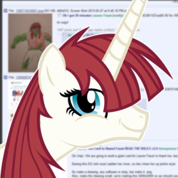 Size: 800x800 | Tagged: safe, oc, oc only, oc:fausticorn, /mlp/, 4chan, 4chan screencap, lauren faust, lauren-faust-visiting-4chan-gate, twiface, wrong neighborhood