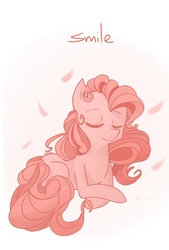 Size: 500x739 | Tagged: safe, artist:foxda, pinkie pie, earth pony, pony, g4, eyes closed, female, missing cutie mark, prone, smiling, solo