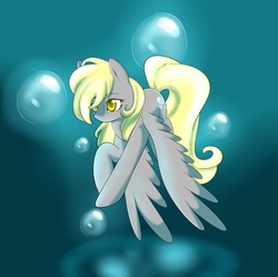 Size: 571x569 | Tagged: safe, artist:derpiliciouspony, derpy hooves, pegasus, pony, g4, blue background, bubble, crepuscular rays, digital art, feather, female, flowing mane, flowing tail, mare, ocean, simple background, solo, spread wings, sunlight, swimming, tail, underwater, water, wings