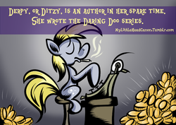 Size: 684x485 | Tagged: safe, derpy hooves, pegasus, pony, mylittleheadcanon, g4, author, bits, cigarette, female, headcanon, hilarious in hindsight, jossed, mare, smoking, solo, typewriter, typing, wingless, writer