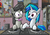 Size: 1145x798 | Tagged: safe, artist:paper-pony, dj pon-3, octavia melody, vinyl scratch, g4, blushing, duo, female, interior, lesbian, ship:scratchtavia, shipping, turntable