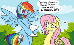 Size: 1280x778 | Tagged: safe, artist:reiduran, fluttershy, rainbow dash, pegasus, pony, g4, 419 scam, bipedal, bits, cloud, duo, female, flapping, hips, human shoulders, junk mail, letter, mare, nigerian scam, open mouth, rainbow dumb, scam, seems legit, sky, wingboner
