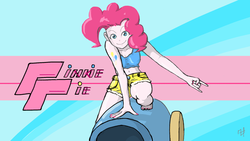 Size: 1920x1080 | Tagged: safe, artist:7doran, pinkie pie, human, g4, female, humanized, party cannon, solo, wallpaper