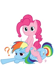 Size: 2000x2774 | Tagged: safe, artist:7doran, pinkie pie, rainbow dash, g4, pinkie pie riding rainbow dash, ponies riding ponies, question mark, riding