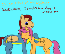 Size: 1200x1000 | Tagged: safe, artist:allonsbro, scootaloo, oc, oc:lightning blitz, pegasus, pony, g4, blue background, crying, duo, female, liquid pride, male, mother and son, motherly scootaloo, offspring, older, older scootaloo, parent:rain catcher, parent:scootaloo, parents:catcherloo, simple background, stallion, tumblr, wonderbolts, wonderbolts uniform