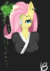 Size: 3507x4960 | Tagged: safe, artist:fladdykin, fluttershy, butterfly, anthro, g4, big breasts, bleach (manga), breasts, busty fluttershy, eyepatch, female, parody, simple background, solo