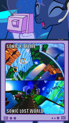 Size: 562x1002 | Tagged: safe, princess luna, gamer luna, g4, comparison, crossover, exploitable meme, eyes closed, female, mare, open mouth, open smile, platformer, smiling, sonic extreme, sonic lost world, sonic the hedgehog, sonic the hedgehog (series), sonic x-treme, sonic xtreme, tv meme, wii u